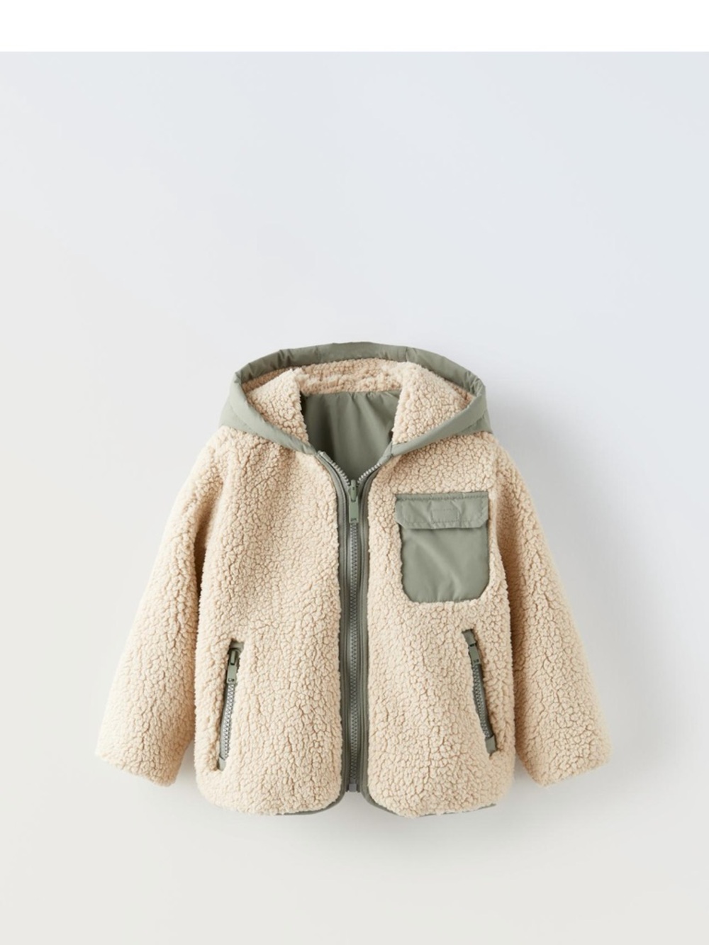 Zara: reversible Kids Sherpa Hooded Jacket in Cream and Olive (3-4T)